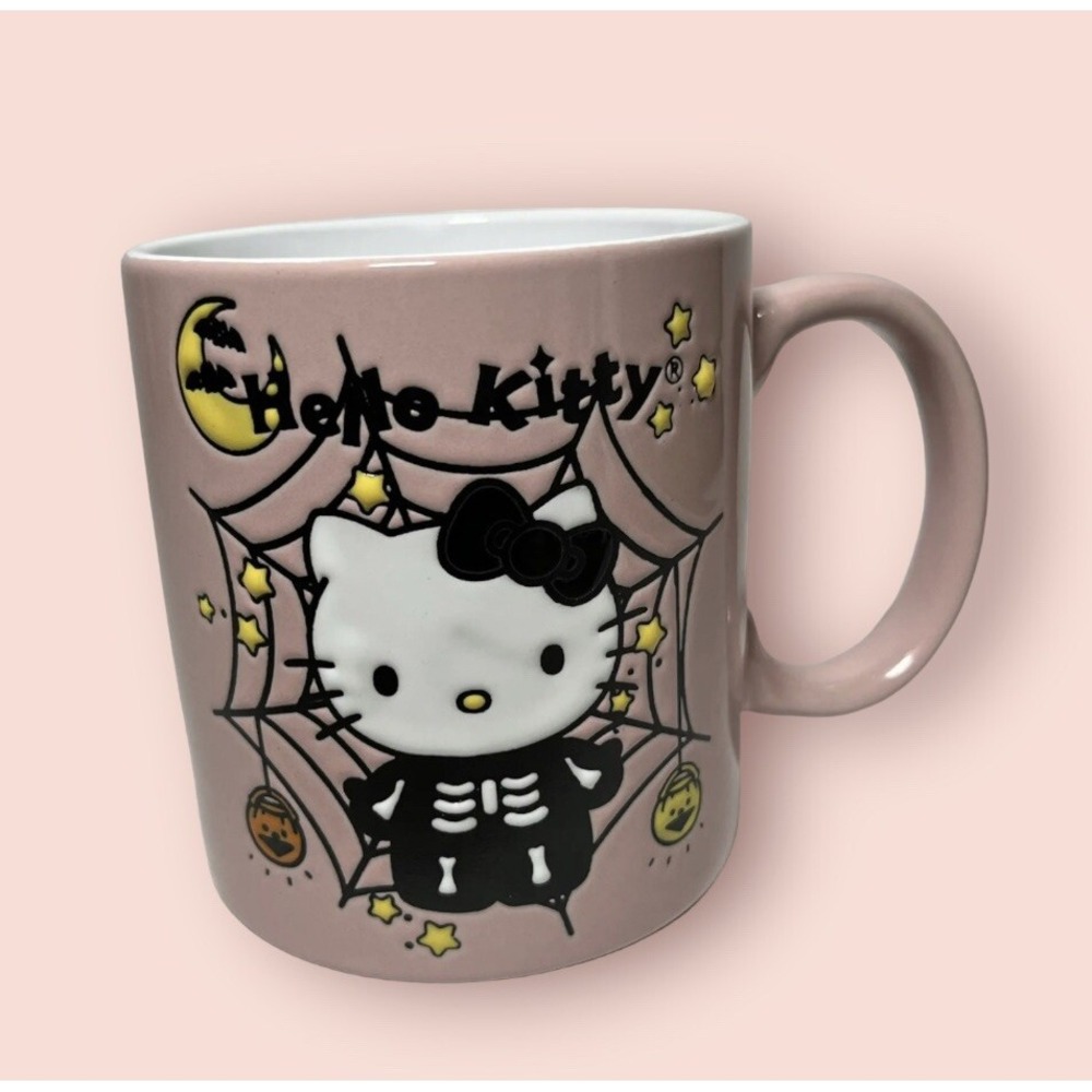 Sanrio Hello Kitty Halloween Skeleton Pink Coffee Mug Spiderweb Bat Moon Spooky